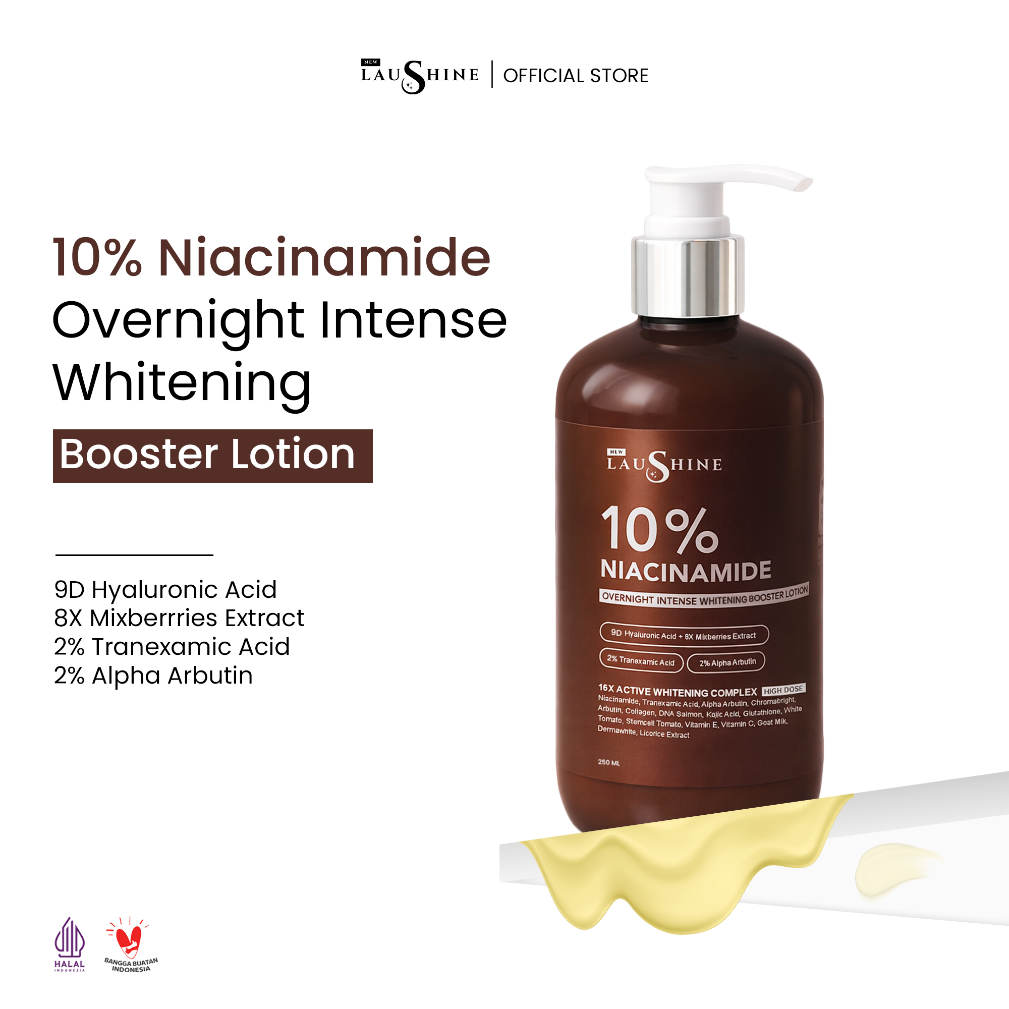 Laushine Overnight Intense Whitening Booster Lotion Pump - New Formula Extra Shooting - 10%Niacinamide