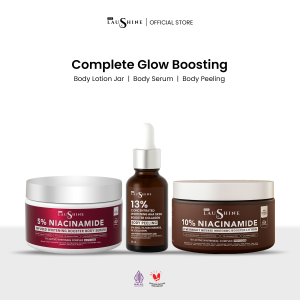 Laushine Complete Glow Boosting - Paket  Bundling Body Serum + Body Lotion Jar + Skin Booster Body Peeling