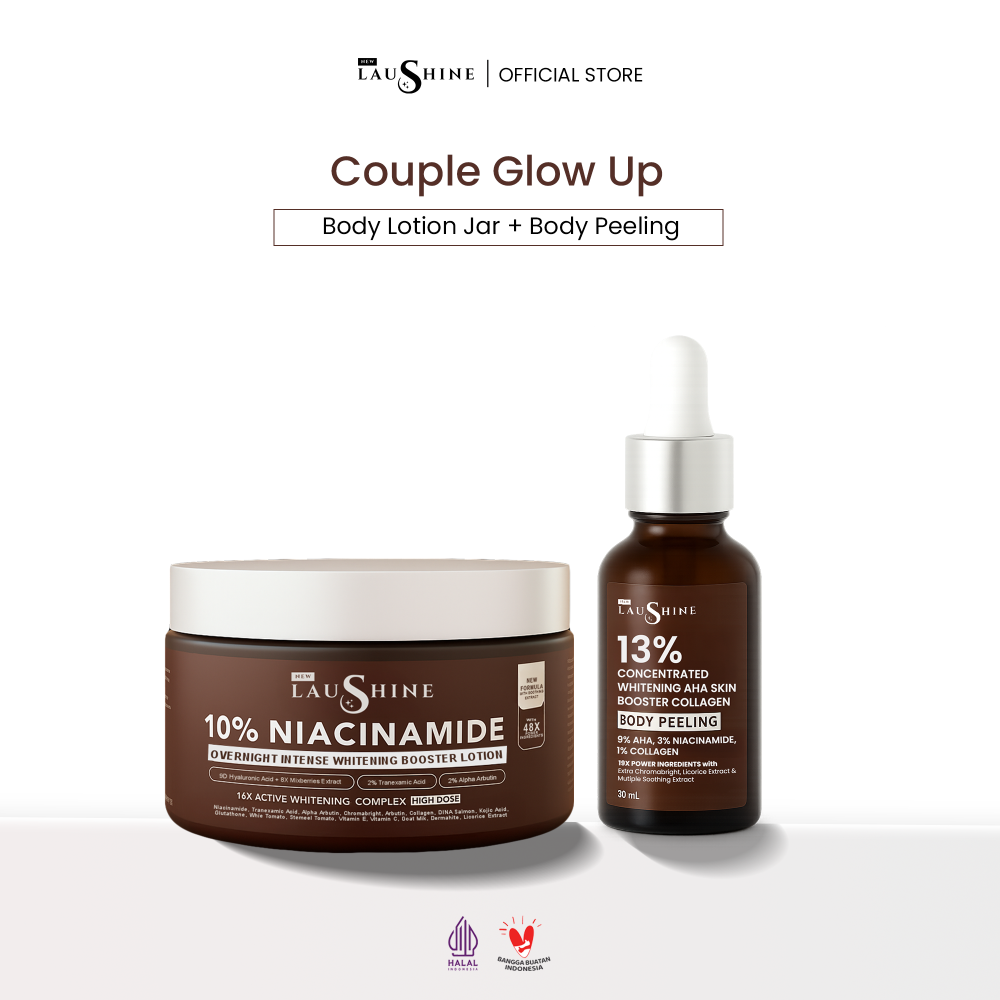 Laushine 2 Glow Series - Paket Bundling Body Lotion Jar + Skin Booster Body Peeling