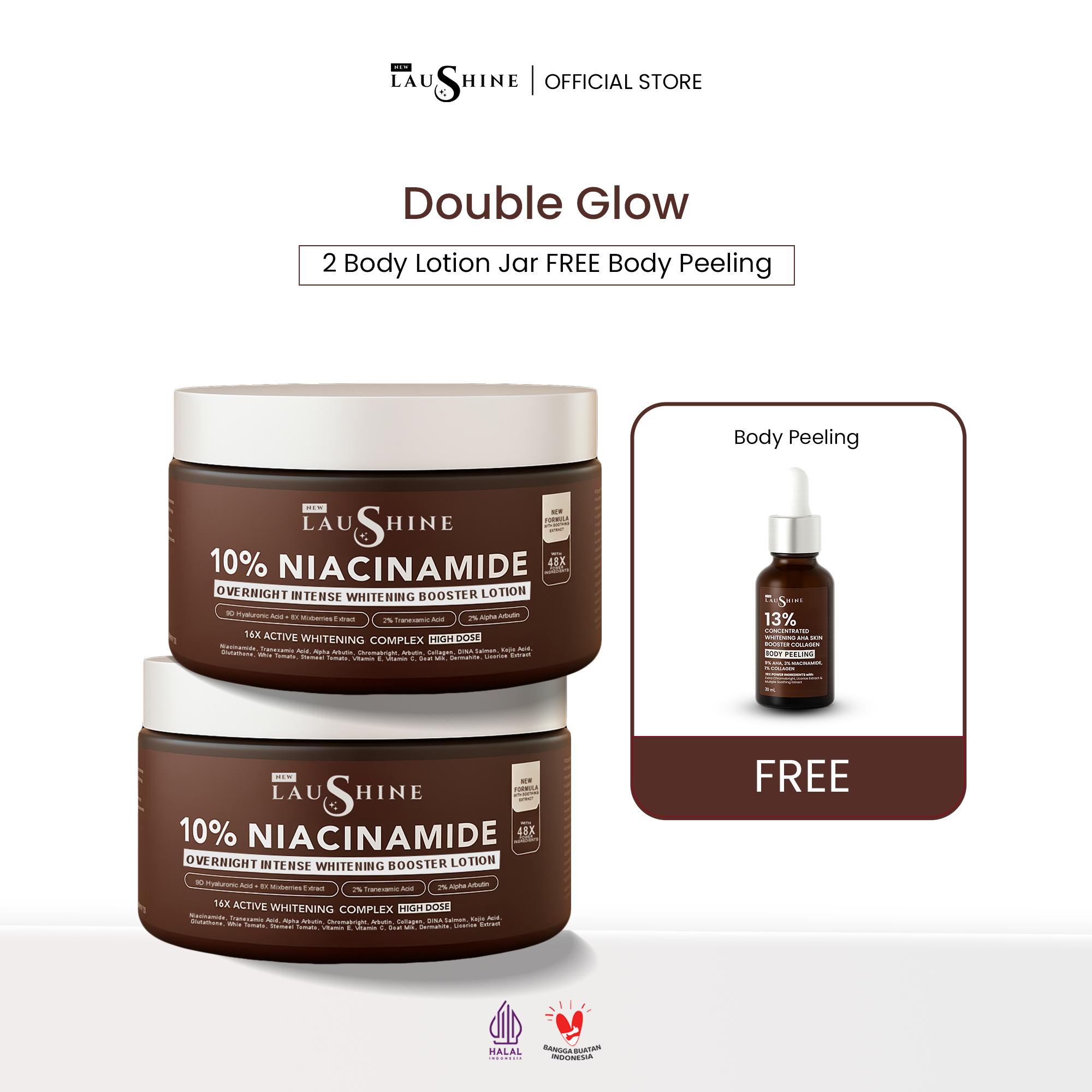 Laushine 2 PCS Overnight Intense Whitening Booster Lotion Tubuh - Free Body Peeling