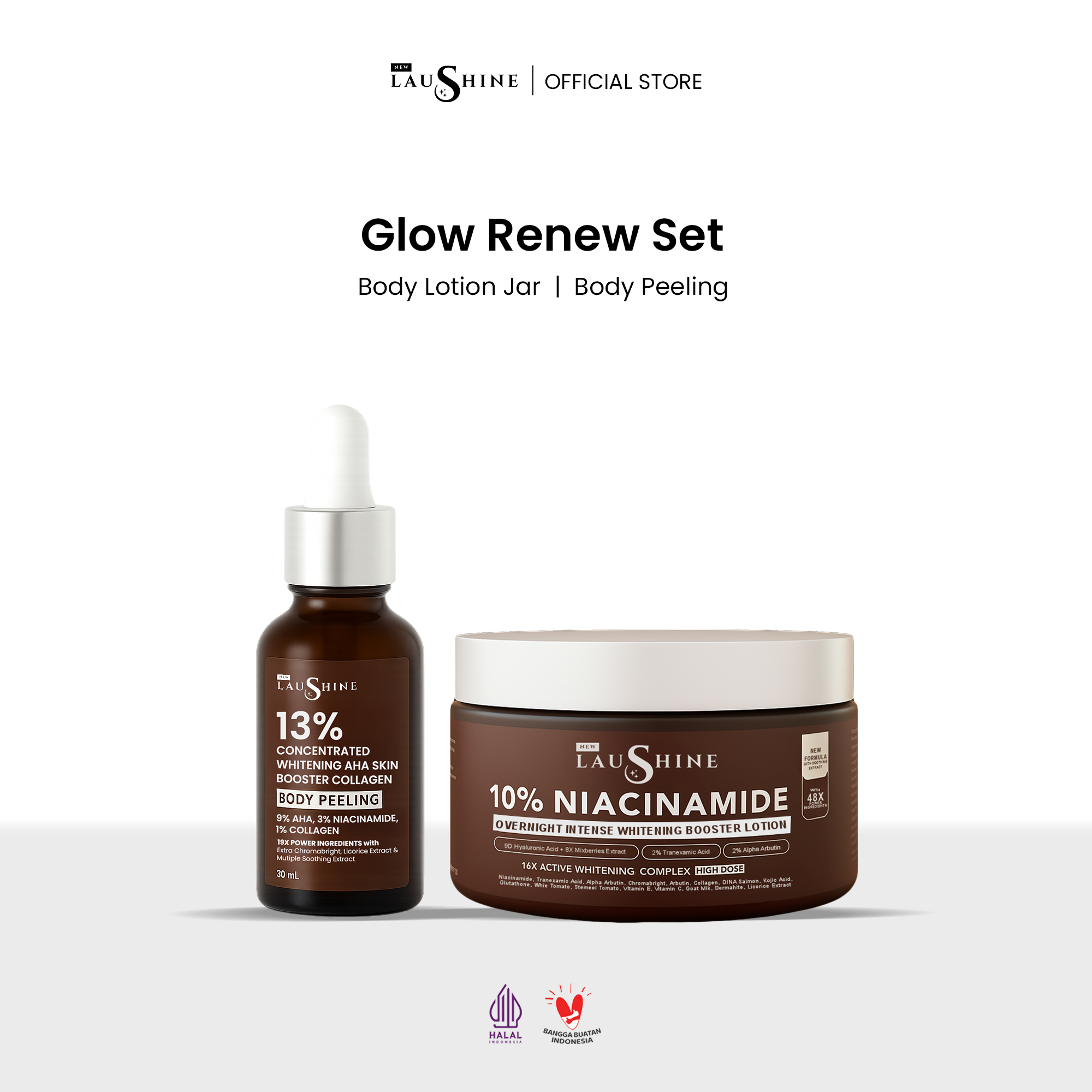 Laushine Glow Renew Set - Bundling Body Lotion Jar + Skin Booster Body Peeling