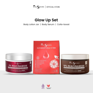 Laushine Glow Up Set: Glutaboost colla-c7000 Collagen Drink + Lotion Jar Overnight Intense Whitening Booster  + Infused Whitening Booster Body Serum