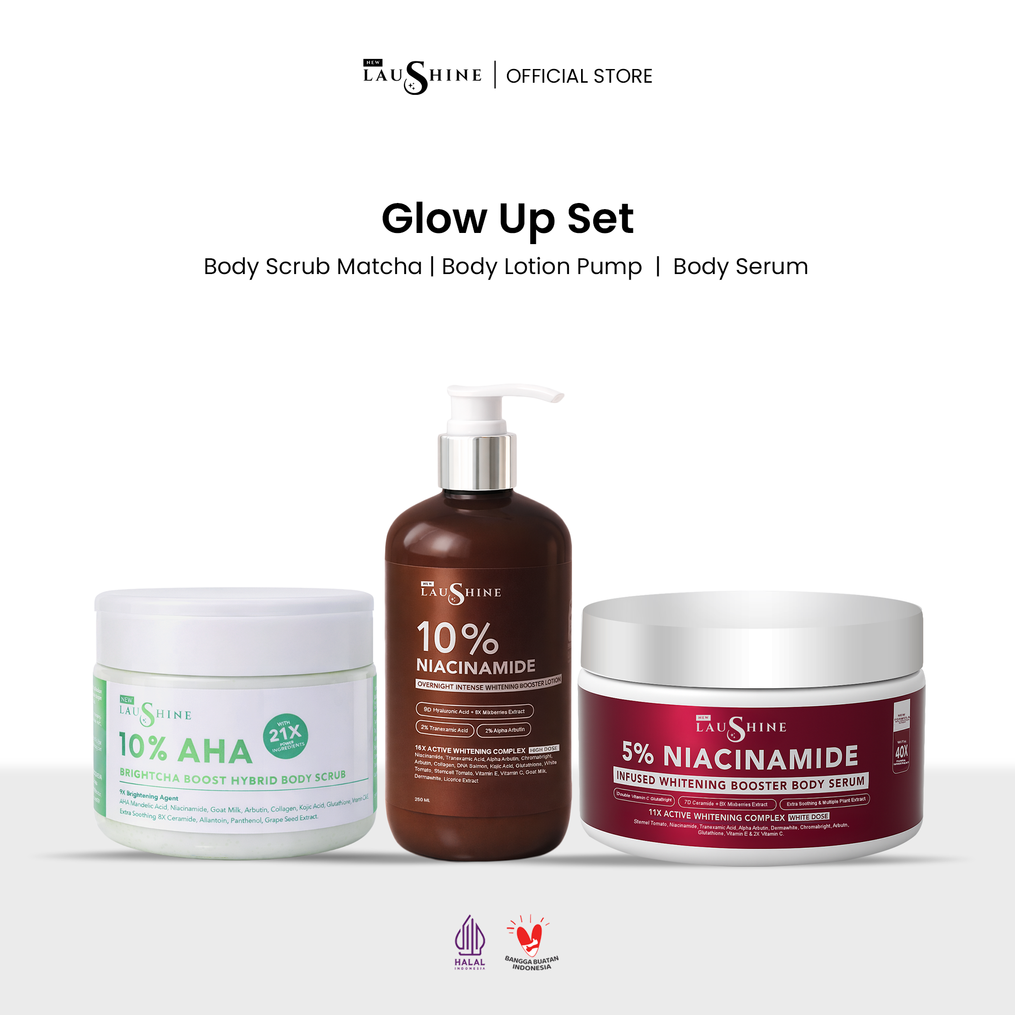 Laushine Glow Up Set - Lotion Pump Overnight Intense Whitening Booster + Infused Whitening Booster Body Serum + Body Scrub - Image 3