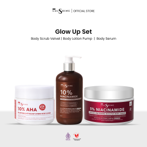 Laushine Glow Up Set - Lotion Pump Overnight Intense Whitening Booster  + Infused Whitening Booster Body Serum + Body Scrub