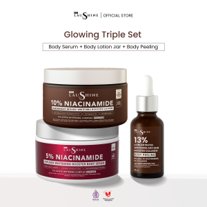 Laushine Glowing Triple Set - Paket  Bundling Body Serum + Body Lotion Jar + Skin Booster Body Peeling