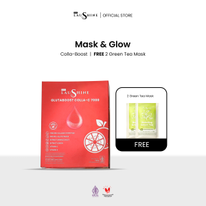 Laushine Mask & Glow Combo - Glutaboost colla-c7000 Collagen Drink + 2 Pcs Masker Wajah Green Tea