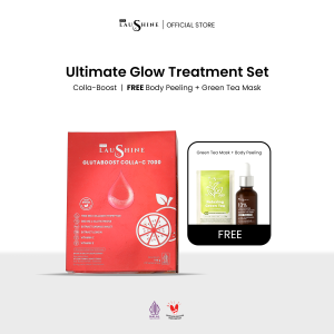 Laushine Ultimate Glow Treatment Set - Glutaboost colla-c7000 Collagen Drink + Masker Wajah Green Tea + Skin Booster Body Peeling